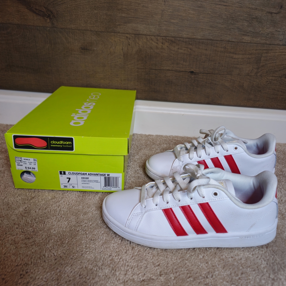Adidas Cloudfoam Advantage Sneakers - White and Red Stripes, US 7